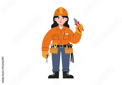 Cartoon Woman Construction Worker with Hard Hat and Tools Holding Pliers.