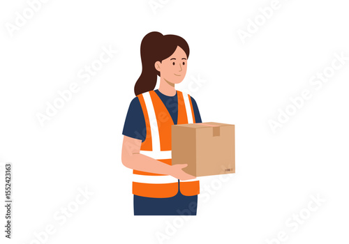 Cartoon woman in safety vest holding cardboard box delivery service illustration.