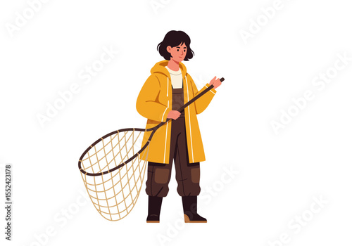 Cartoon Woman in Yellow Raincoat Holding Fishing Net Ready for Catch.