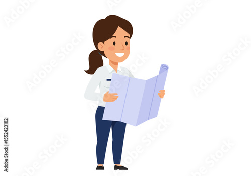 Cartoon Woman in White Shirt Reading a Large Blueprint with a Smile.
