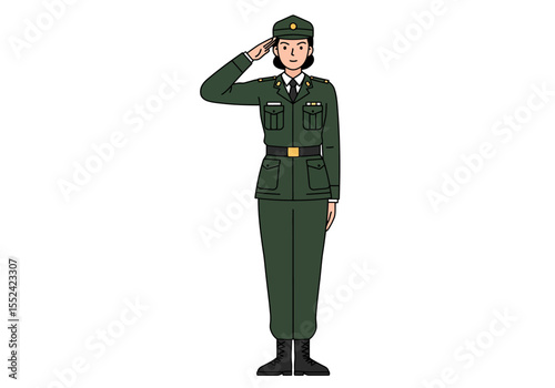 Cartoon Woman Soldier in Green Uniform Saluting with Respectful Expression.