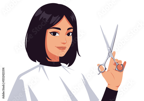 Cartoon Woman with Bob Haircut Holding Silver Scissors in a Salon Cape.