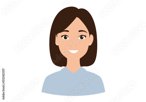 Cartoon Woman with Brown Hair and Light Blue Shirt Smiling.