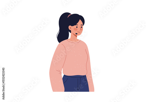 Cartoon Woman with Headset Pink Sweater and Dark Hair in Ponytail.