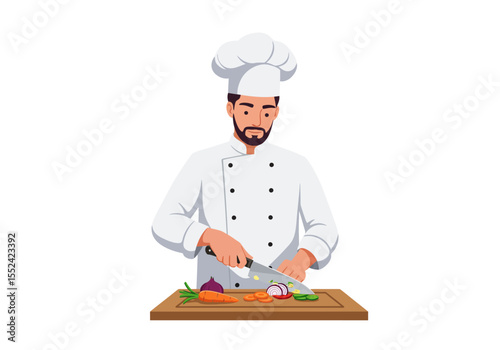 Chef in White Uniform Slicing Vegetables on a Wooden Cutting Board.