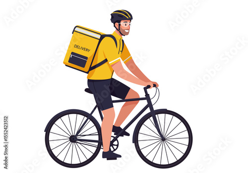 Delivery Man on Bicycle with Yellow Insulated Backpack Wearing Helmet and Glasses.
