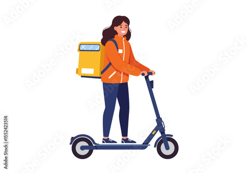 Delivery Woman on Electric Scooter with Yellow Insulated Backpack.