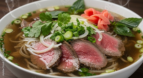 Aromatic Beef Pho: A steaming bowl of traditional Vietnamese noodle soup, rich with tender beef slices, fresh herbs, and fragrant broth, ready to savor.