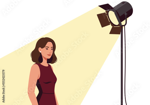 Elegant Woman in Burgundy Dress Under Studio Lighting Pearl Earrings.
