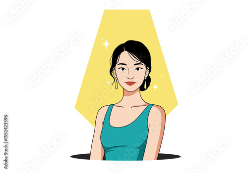 Elegant Woman with Black Hair and Turquoise Tank Top Illustration.