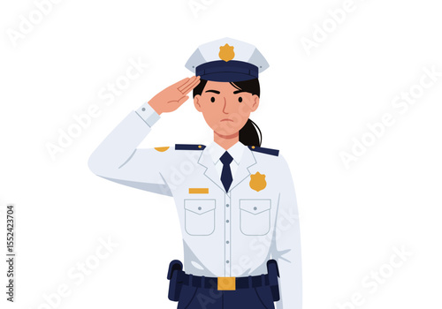Female Police Officer in Uniform Saluting with Serious Expression.
