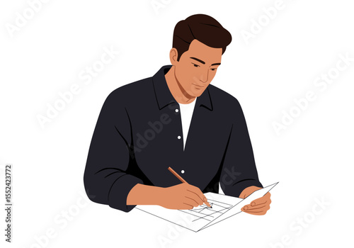 Focused Man Completing Form with Pencil in Dark Shirt and White Undershirt.