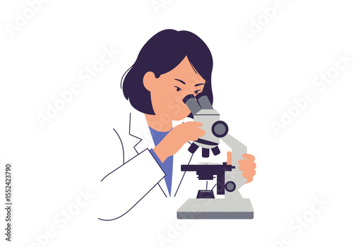 Focused female scientist using a microscope in a laboratory setting.