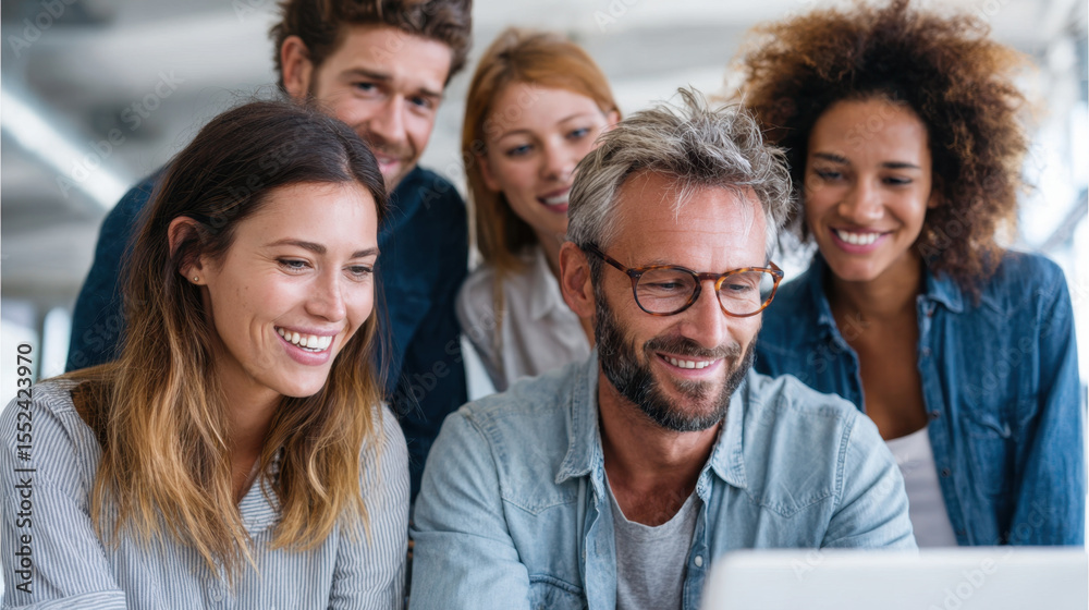 Fototapeta premium Smiling diverse group of people working together on laptop in modern office, showing teamwork and positive collaboration atmosphere
