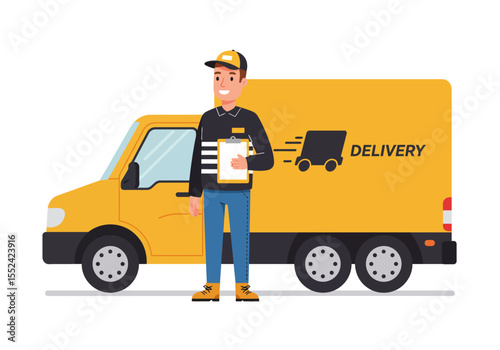 Cartoon Delivery Driver Holding Clipboard Standing Near Yellow Delivery Van