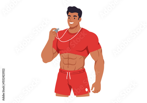 Muscular Lifeguard with Whistle in Red Outfit, Smiling Confidently
