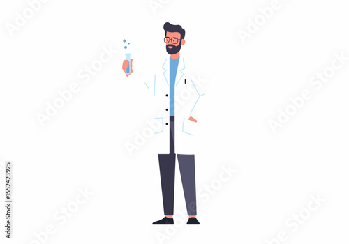 Scientist in Lab Coat Holding Test Tube with Bubbles, Vector Illustration
