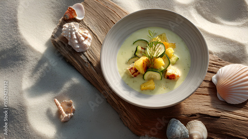 Beachside meal: A tropical soup with zucchini and grilled halloumi on a wooden plank, beach sand background.