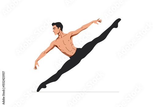 Male Ballet Dancer in Black Tights Performing a Split Leap.