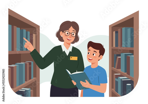 Librarian with Glasses Helping a Boy Select a Book in Library.