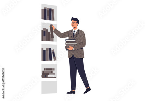 Man in Tweed Jacket Selecting Books from a Bookshelf Holding a Stack.