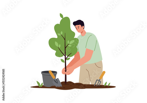 Man Planting a Tree with Gardening Tools in Soil Illustration.