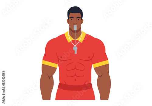 Muscular Lifeguard with Whistle Red and Yellow Uniform Dark Skin.