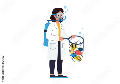 Scientist with Scuba Gear Holding a Net Full of Colorful Fish Illustration.