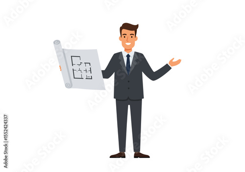 Smiling Architect Holding Blueprint with Open Hand Gesture in Dark Suit.