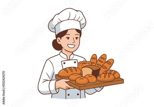 Smiling Baker Holding a Tray of Freshly Baked Bread and Rolls.