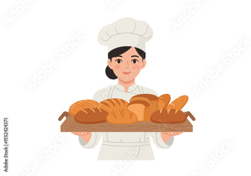 Smiling Baker Holding a Wooden Tray Full of Freshly Baked Bread.