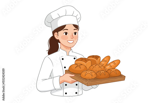 Smiling Baker Holding a Tray of Freshly Baked Bread Variety.