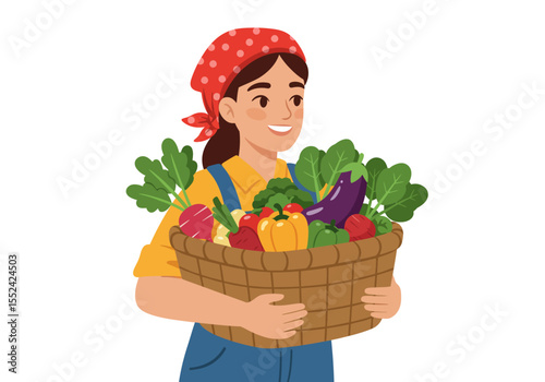 Smiling Farmer Woman Holding a Wicker Basket Full of Fresh Vegetables.