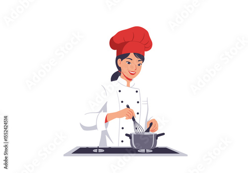 Smiling Female Chef Whisking Ingredients in a Pot on the Stove.