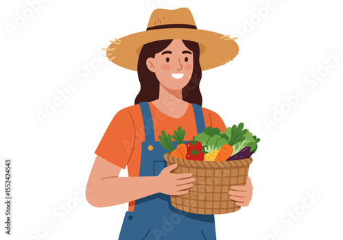 Smiling Female Farmer Holding a Wicker Basket Full of Fresh Vegetables.