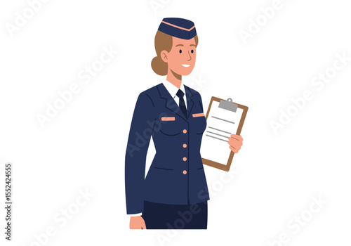 Smiling Flight Attendant in Navy Uniform Holding a Clipboard.