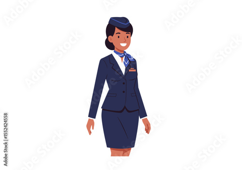 Smiling Flight Attendant in Navy Uniform with Blue Scarf and Hat.