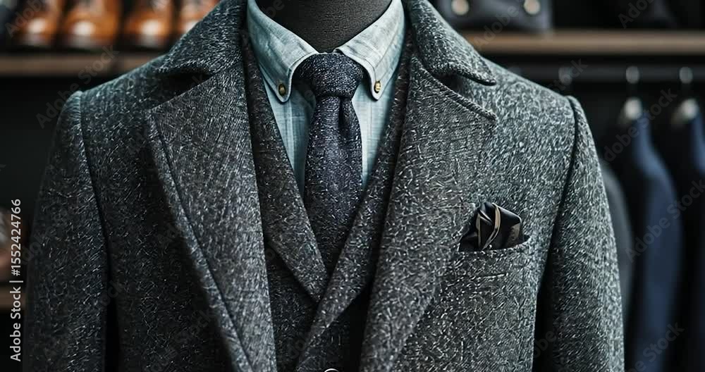 Tailored ensemble on mannequin in clothing store featuring dark blue tweed coat and tie with brown leather shoes on shelf