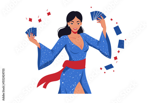 Smiling Woman in Starry Blue Dress Holding Playing Cards.