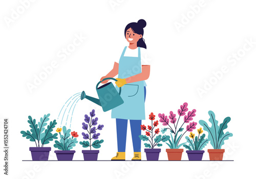Smiling Woman Watering Potted Plants with a Teal Watering Can.