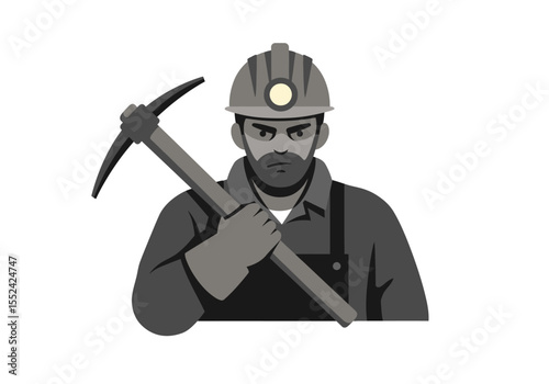Stern Miner with Pickaxe and Hard Hat Vector Illustration.