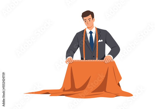 Tailor Measuring Orange Fabric with Ruler and Measuring Tape Around Neck.