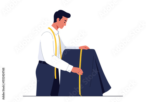 Tailor Measuring Fabric with Yellow Tape Wearing White Shirt and Suspenders.