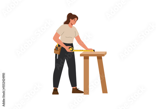 Woman measuring wooden stool with yellow tape measure wearing tool belt.