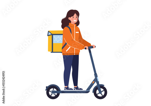 Woman on Electric Scooter with Delivery Backpack Orange Jacket and Dark Hair.