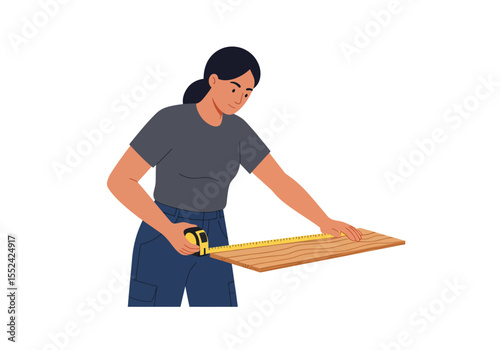 Woman measuring a wooden plank with a yellow retractable tape measure.