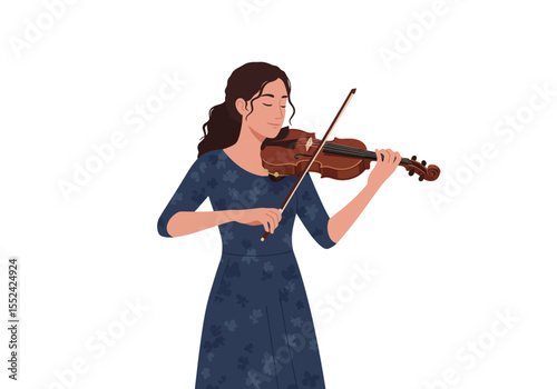 Woman playing a brown violin with a bow wearing a blue dress.
