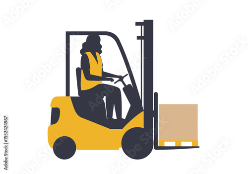 Yellow Forklift with Operator and Box Industrial Vehicle Illustration.