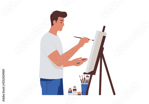 Young Artist Painting on Canvas with Easel and Art Supplies.