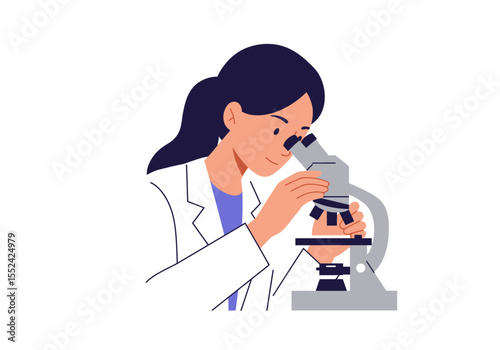 Young female scientist in lab coat using a microscope for research.